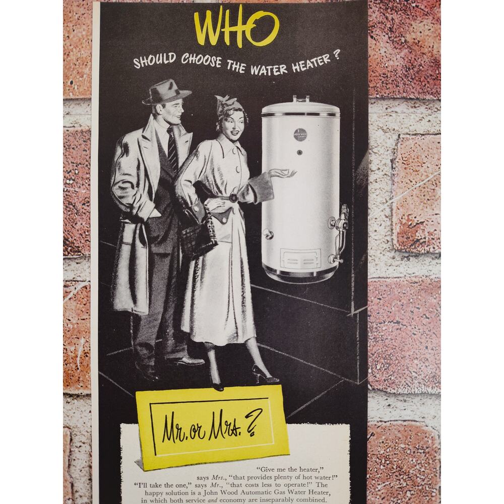1950 Who Should Choose the Water Heater - Mr or Mrs? Elegant Couple Vtg Print Ad